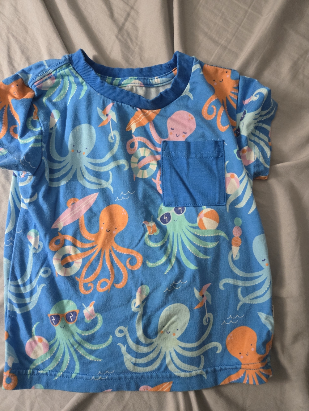Little Sleepies Blue Octopus Pocket Tee with Multicolor Sea Creatures